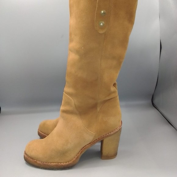 UGG 'Josie' 3214 Brown Heeled Boots Size UK 6 EU 39 Suede Mid-Calf Knee Tan - Picture 4 of 13